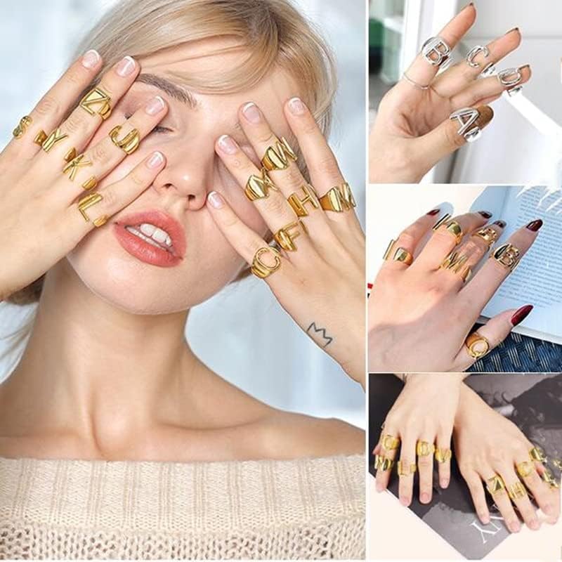 T3store злато исполнето англиско писмо A-Z Rings Отворено прстенен прстен пријатели Најдобри прилагодливи женски забави накит-златна боја-Распоредност-35044