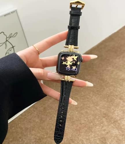 Кожни ленти компатибилни Apple Watch Women Slim 38mm 40mm 41mm 42mm 44mm 45mm 49mm, кожна лента Jullstar со I-форма метална не'рѓосувачки