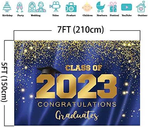 Mocsicka 2023 Класа за позадина на дипломирање од 2023 година Сино злато сјај позадина Честитки за дипломирани студенти за забави за декорација на банер фото штанд со штан?