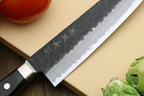 Yoshihiro kurouchi Super Blue Steel Не'рѓосувачки облечен сантоку, повеќенаменски нож за готвачи и Саја, црна рачка на пакауд)