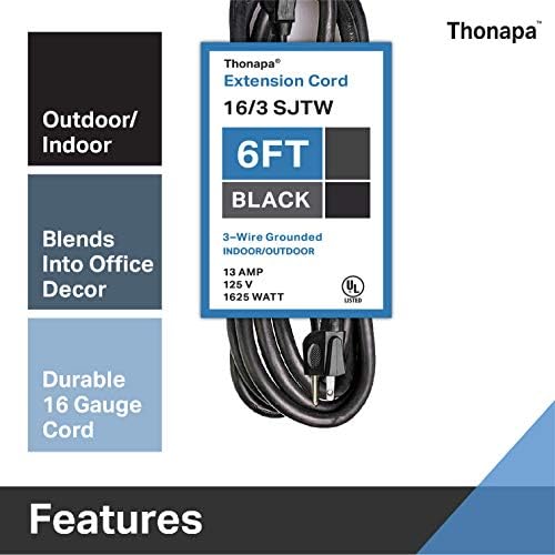 Thonapa 6 ft [2 пакет] Црн на отворено продолжение - 16/3 SJTW водоотпорен електричен кабел со 3 заземјен приклучок за затворен и отворен канцеларија,