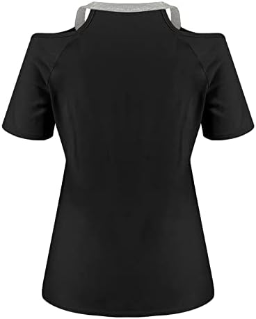 Летна есенска блуза за тинејџери за тинејџери со кратки ракави ладно рамо памук V вратот графички ринестон маица AC AC AC