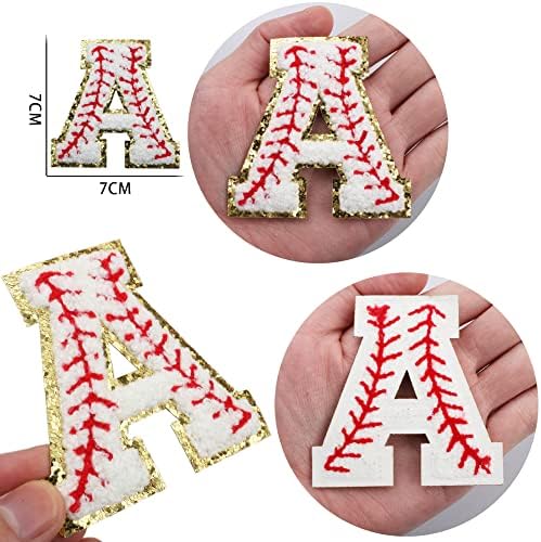 26 парчиња Бејзбол Ченил букви железо на закрпи, лепенка со буква во форма на бејзбол - азбука симпатична лепило извезена апликација