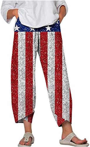Сјајни патриотски панталони на Капри, женски, женски ленени панталони, широко нозе, американско знаме јога култури панталони со џеб