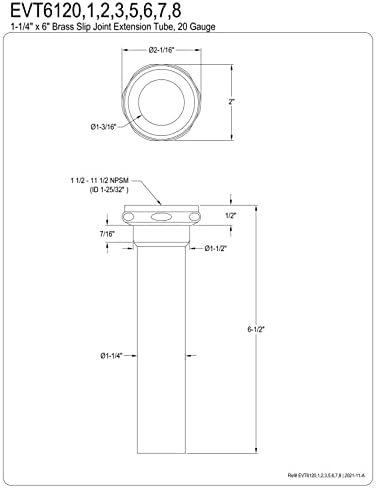 Таста EVT6127 KINGSTON SOPITIONS 1-1/2 до 1-1/4 Чекор-долу-опашка, должина од 6 , четкан месинг