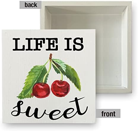 Лето цреша дрво кутија знак рустикален живот е слатка цреша дрвена кутија знак декоративна земја знак блок плакета за домашна биро за табели за табели за полица 5 x 5