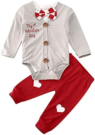 Bowanadacles новороденче бебе момче облечена во мојот 1 -ви ден на в Valentубените 3 парчиња облека со долги ракави ромперски телони срцеви пантолони