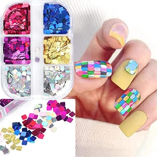 6 Grids Square Sequins 3D Flakes Rainbow Spangles парчиња холографски акрилен дизајн маникир декорација на маникир, 6 решетки-MAMA