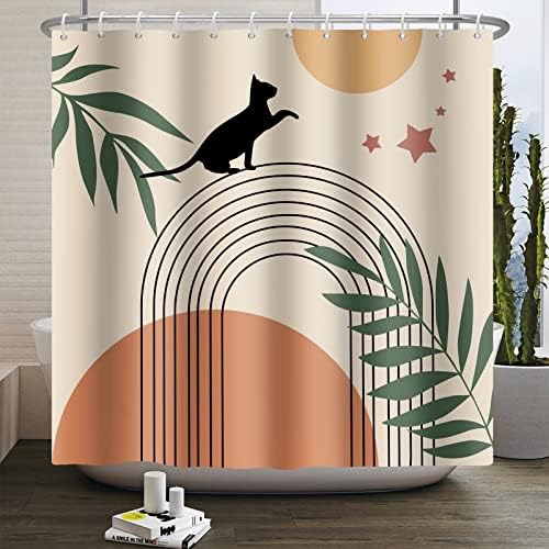 Притвор Бохо туш завеса од средниот век модерни апстрактни завеси за туширање за минималистичко лаково сонце со мачки растителни лисја ткаенина за бања завеса со 1