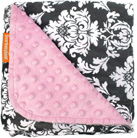 Драги бебешки опрема Делукс бебешки ќебиња, обичај минки печати двоен слој сив и бел дамаск, розова минки точка, 38 инчи од 29 инчи