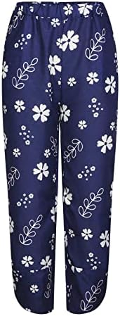 Женски буги постелнина панталони летни обични панталони со широки нозе, еластична половината салон, пантолова, цветни цвеќиња