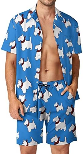 Weedkeycat Scottie Dog Man's Mach Beach Outfits 2 Piece Hawaiian копче надолу со кошула Краток ракав и Shorts Track Sett