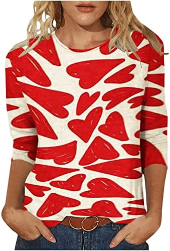 Срцеви печатени врвови за жени модна фустана блуза Ден на в Valentубените 3/4 маички со ракави, обична лабава маичка за лабава пуловер маичка