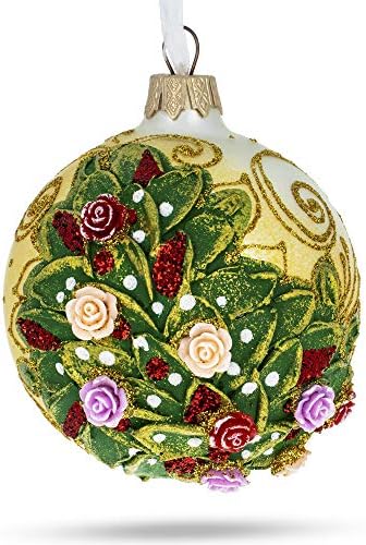 Врежани рози букет на Божиќниот украс на бело стакло топка 3,25 инчи