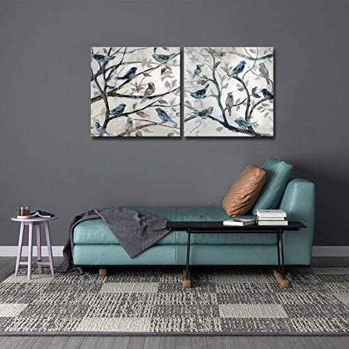 Деримо 2 парчиња сини птици на дрво гранка wallидна уметност гроздобер уметнички дела врамени giclee платно отпечатоци од животински wallид декор сликарство за дневна со?