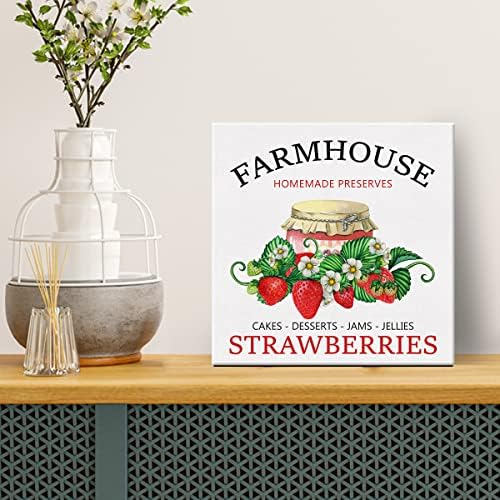 Рустикална фарма куќа јагоди знак платно wallидна уметност 8 x 8 инчи јагода платно печатено сликарство врамена плакета летна домашна декорација