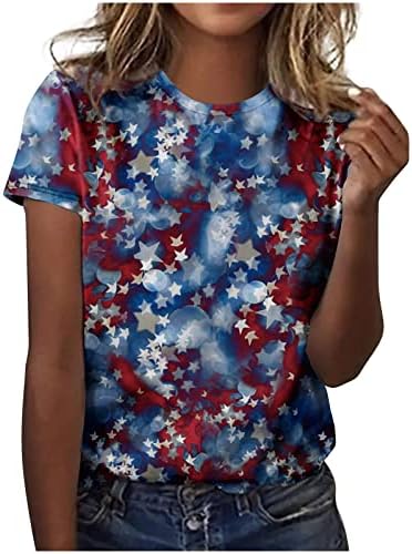 Блузи со кратки Ракави За Вратот На Екипажот На Дами Блузи Со Боја На Вратоврска Со Ѕвезди Со Американски Пруги Маици Тинејџерки