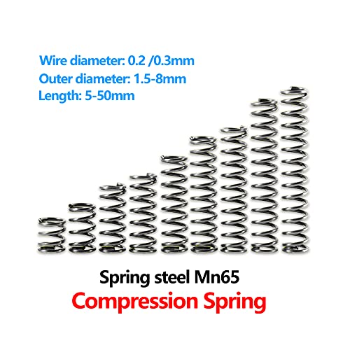 10 парчиња цилиндричен калем пролет компресија на компресија апсорпција на шок мала компресија пролет 65mn челик, должина 15мм, 0,2 мм × 1,5мм