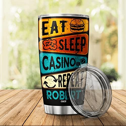 Кубицерка Персонализирана чаша за патувања со капаци со капаци изолиран кригла казино тема подароци за мажи кафе кригла смешни изреки двојни wallидни