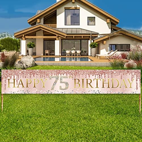 75-Ти Роденден Банер Украси За Жени, Розова Розово Злато Среќен 75 Роденден Двор Банер Партија Материјали, Големи 75 Годишниот Роденден