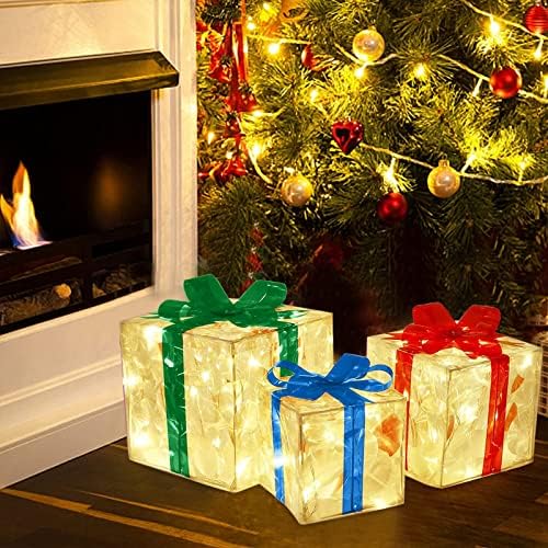 Божиќни сијалички украси Божиќ блескава декорација кутија за подароци украс со лак Божиќно осветлување кутија отворено светло осветлување