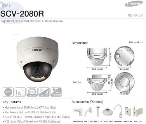 SAMSUNG SCV - 2080r Безбедност-Камера Аналогни - Камера Фиксна Куполи 1/3 Висока Резолуција IR Вандал Отпорни Купола Камера