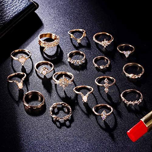 Woeoe Boho Kunckle Rings Stackable Crystal Gold Nail Ring Rhinestone Vintage Finger Rings Поставени за жени и девојчиња