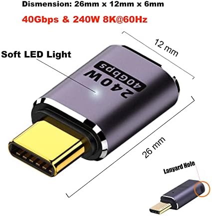 Adapter за продолжување на Kework 2 Pack USB 4.0 Type C со LED светло, 40Gbps USB C MALE до USB Cенски Extender, 240W 5A PD Брзо полнење,