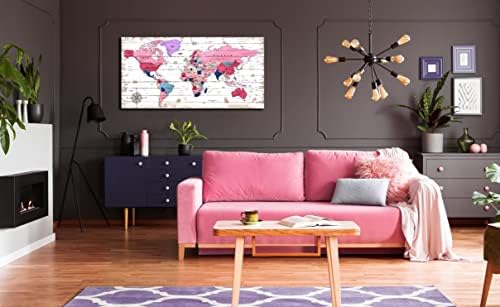 Haаосп розови слики wallидови -декор - Светска мапа платно wallидна уметност за девојки во спална соба - wallидни слики за декор за дневна соба подготвени да висат големина