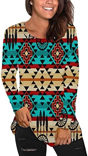 Нарбрг врвови за женски западен Ацтек Етнички маици за печатење 2022 година есенски зимски обични врвови со долги ракави екипаж