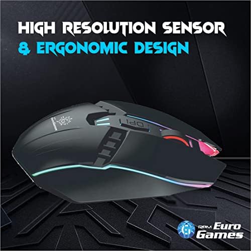 RPM Euro Games Premium Gaming Mouse, 7 бои RGB светла, 6 копчиња, копчиња DPI на ниво на 2400-4, гума обложена