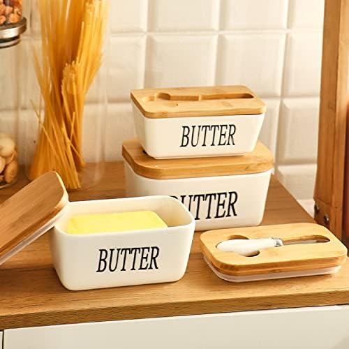 Путер за пиохан чинија со капак и нож, садови со путер со покриени за countertop, херметички керамички сад со путер со бамбус- машина за миење садови