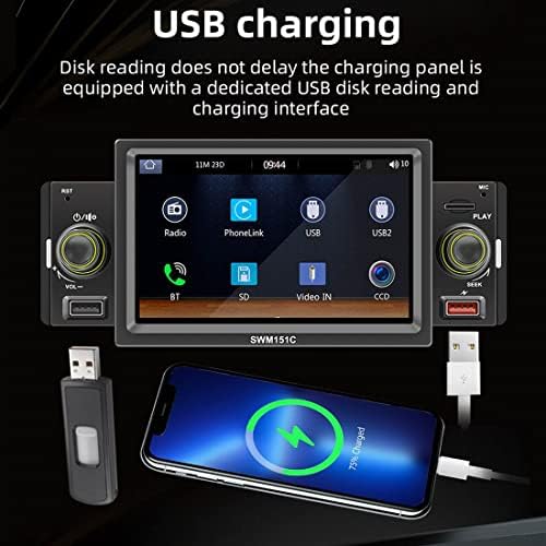 Anigorwork Car Stereo 5 инчен Single Spindle Bluetooth MP5 Player Интерконекција CarPlay Android Auto Euto Ectocreen Link Link AM/FM/2USB/SD со далечински управувач со управувач на камера со 4LED