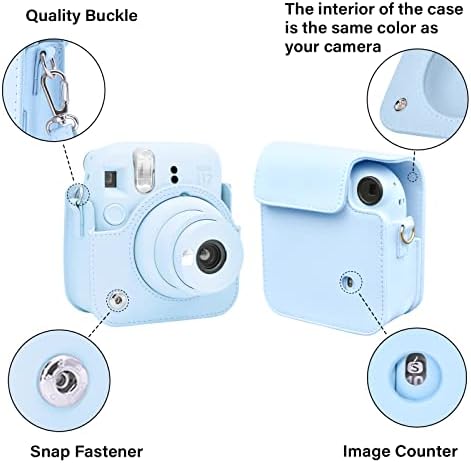 Случај на Рииби за Fuji Instax Mini 12/Polaroid Mini 12, PU кожа заштитен случај за Fujifilm Instax Mini 12 инстант камера, отстранлив случај со прилагодлива лента за рамо - пастелно сино