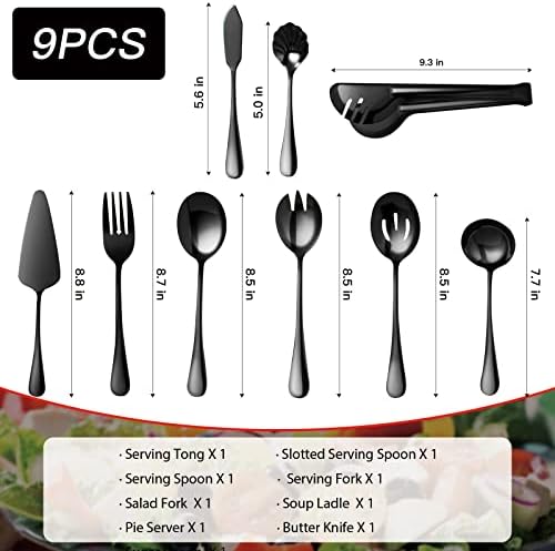 Прибор за црна служба, 9 парчиња од не'рѓосувачки челик за сервирање со лажица за сервирање, лажички лажици, вилушки за сервирање, супа