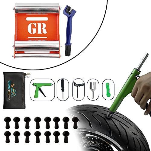 Гранд Pitstop моторцикл валјак за чистење на гуми и подмачкување на ланец со четка + комплет за поправка на пункција на гуми за мотоцикл и автомобили