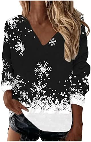 Божиќна маичка за жени Божиќна снегулка за срцев печатен блуза со долги ракави со долги чевли за одмор на врвови на врвови