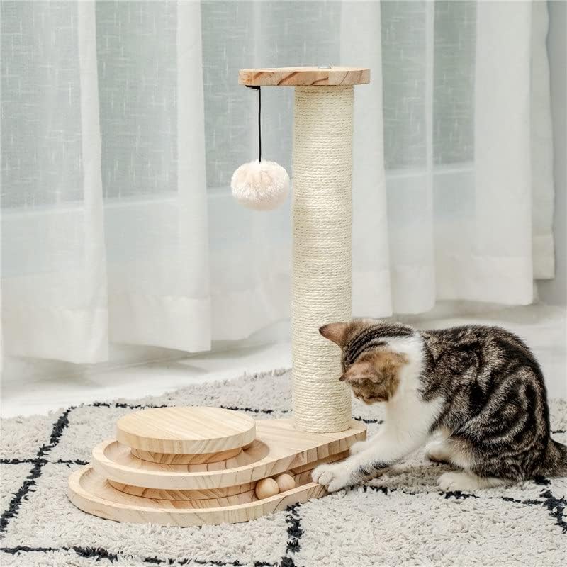 Tddgg Интерактивна дрвена играчка со мачки Двоен слој ротирачки паметен патека топка мачка гребење на пост со висина топка миленичиња интерактивни