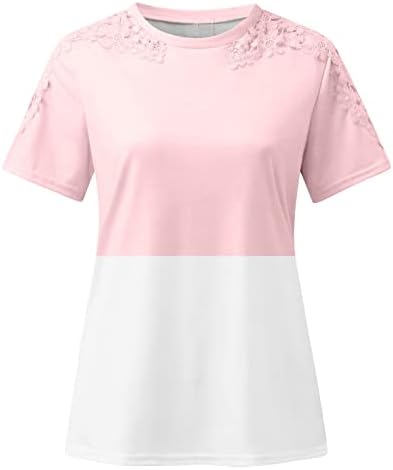 Лето секси кошула за жени 2023 маички со кратки ракави со чипка Редовно вклопување на екипажот на вратот на вратот на вратот Блок блок за