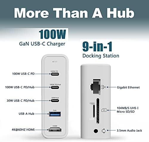 ADG 9-во-1 100W GAN Charger USB-C Докинг станица, QC 3.0 PD USB-C центар, станица за полнење на работната површина за MacBook/Pro/Air, Surface/Pro,