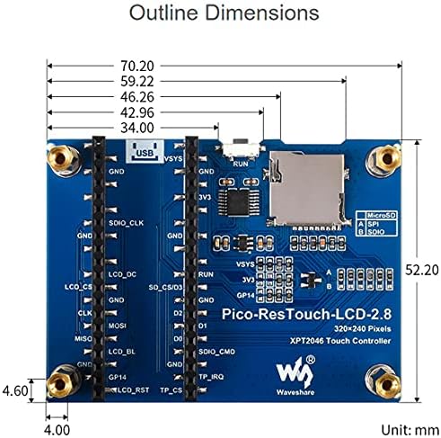 Waveshare 2.8inch Module Display Daption Daption за Raspberry Pi Pico, 320 × 240 пиксели IPS LCD екран, Контролер на допир XPT2046, SPI интерфејс,