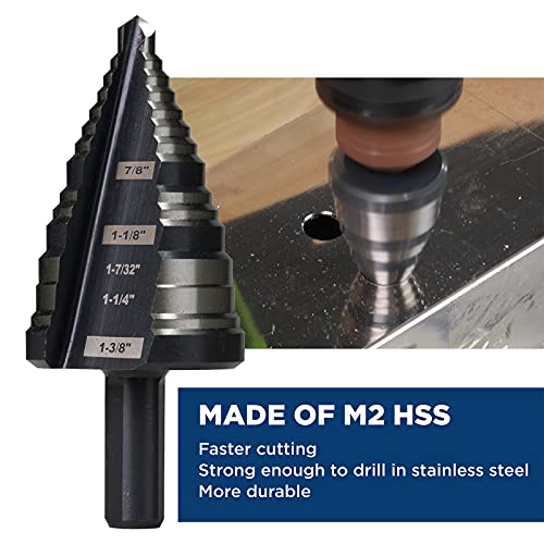 Sharptool 1/4 до 1-3/8 инчи HSS чекор вежба за метал, пластика, дрво, алуминиум, тешка табла со големини на повеќе дупки