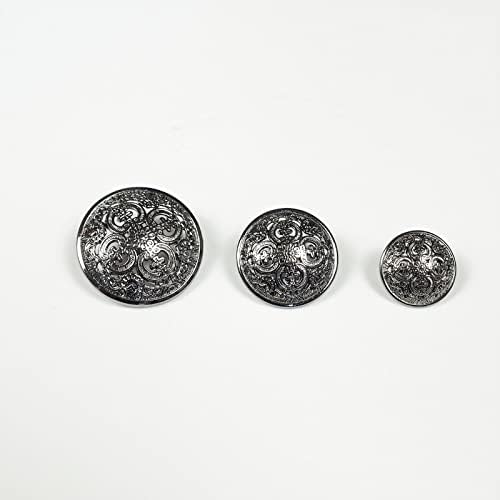 30 парчиња метални копчиња, 3 големини од 15мм / 0,59in, 20мм / 0,79in, 25мм / 1in Премиум метални копчиња за шиење со тркалезни облик за занаетчиски украси DIY кошула, црна боја
