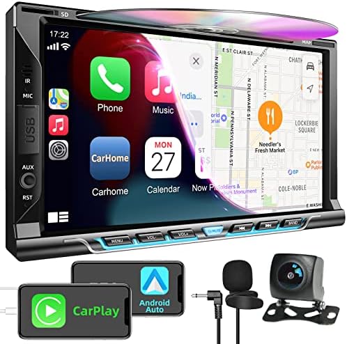 Двоен Din Car Stereo Radio со CD/DVD плеер, 7 „HD екран на екран на допир стерео со CarPlay & Android Auto, Mirror Link, Bluetooth 5.2, резервна камера, сабвуфер, SWC, AM/FM Radio Radio Readive, Aux влез