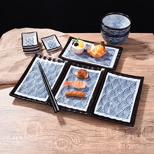 Cerficer Јапонски 8 -инчни плочи за суши, фиока за крекери со сини бранови, порцелански суши пластери, правоаголни плочи, сет од 4
