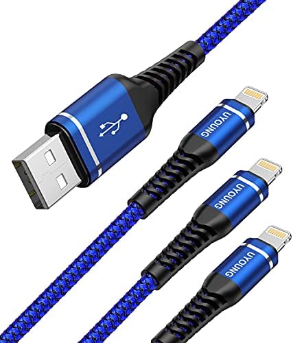 Кабел за молња 10 ft 3pack Сина екстра долга кабел за полнач на iPhone 10 стапала најлонски плетенка за полнење на електрична