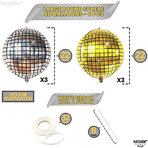Katchon, Big Disco Ball Balloons - 22 инчи, пакет од 6 | Декорации на диско забава | 4D сфера злато и сребрена диско балони, украси за забави од 70 -тите | Диско украси, украси за забава за