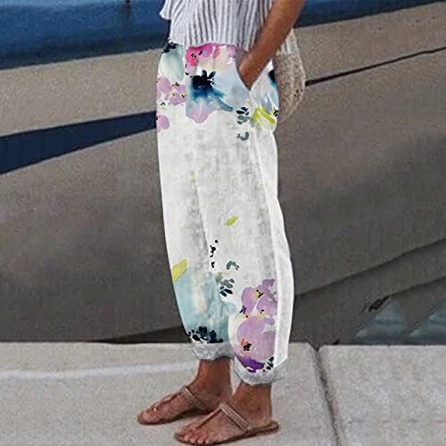 Ксиншид Постелни панталони за жени обични цветни печатени панталони со џебови Боемски високи половини лабави вклопени исечени панталони