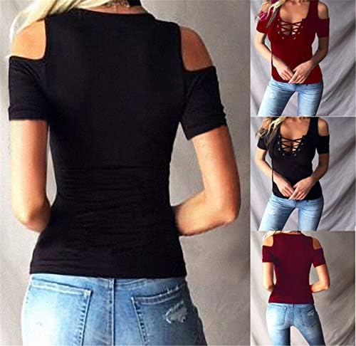 Andongnywell жени секси од рамото чипка на кратки ракави маица v вратот блуза предна маица Туники
