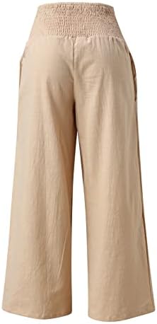 Женски памучни постелнини широки панталони за нозе Цврста боја Еластична руширана висока половината широки панталони со џебови